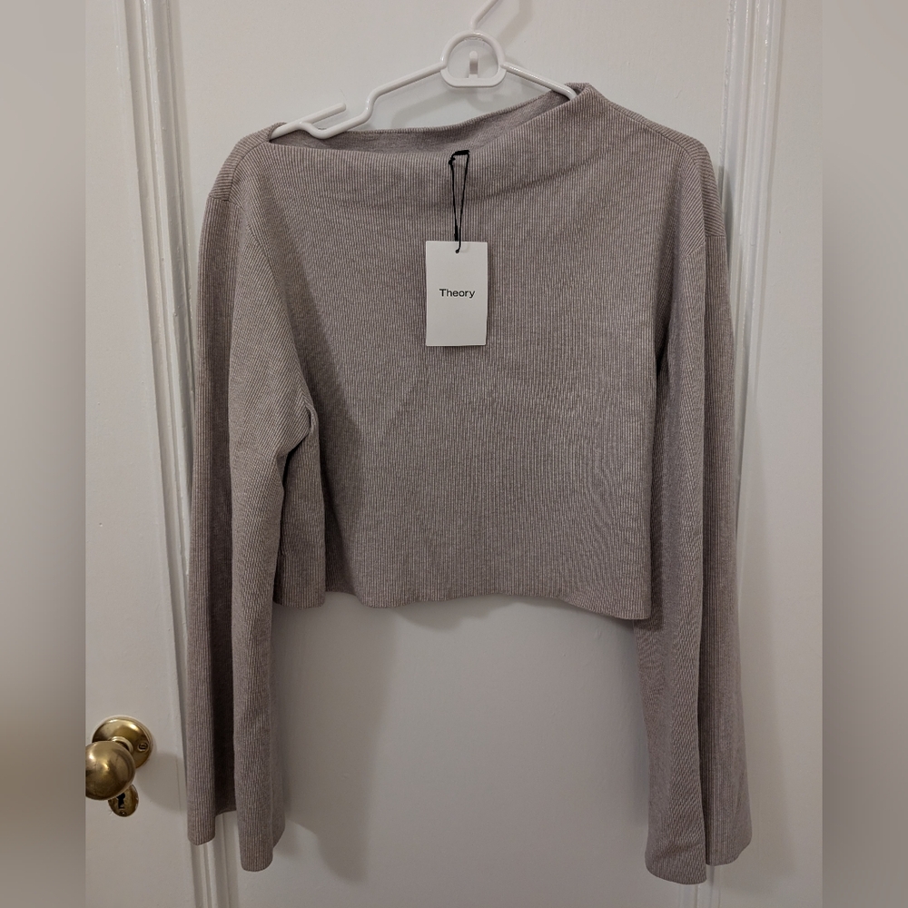 Theory Oatmeal Layered Top Cropped Asymmetrical New Twill Combo Sz L